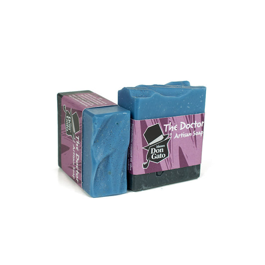 The Doctor Artisan Soap in blue and black with Don Gato label, citrus and woods masculine scent.