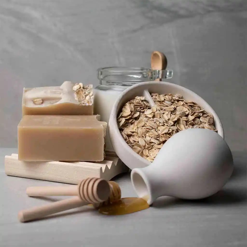 Two Oatmeal Artian Soap bars besides some ingredient such raw oatmeal, honey and some natural oils such coconut or olive oil.