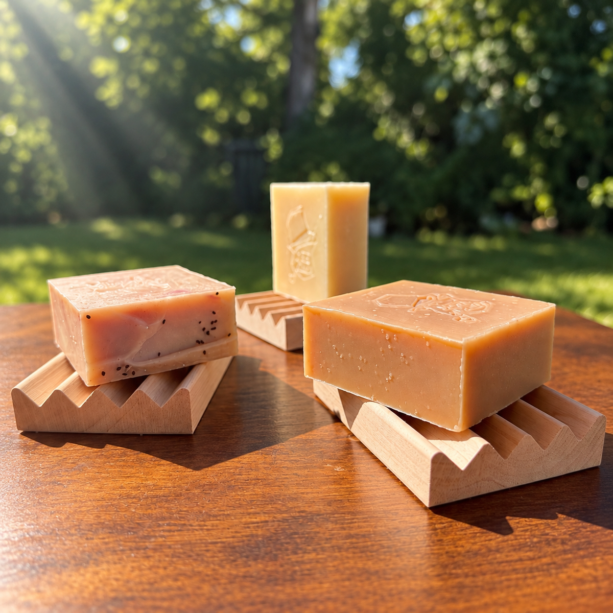 Three handmade Don Gato Soap Co. soap bars on wooden soap dishes in natural sunlight, featured in the September monthly soap subscription.